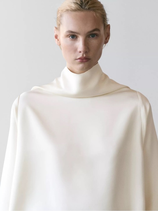 Massimo Dutti Tops - Massimo Dutti Studio Satin Elegant Cream High-Neck Long-Sleeve Top